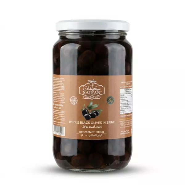 Enhanced Saifan whole black olives in brine 1kg front label