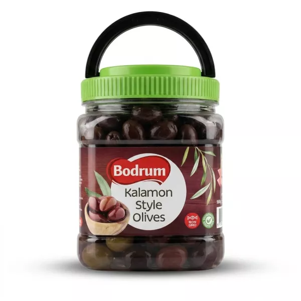 Enhanced Bodrum Kalamon Style Olives 900g plastic jar front label