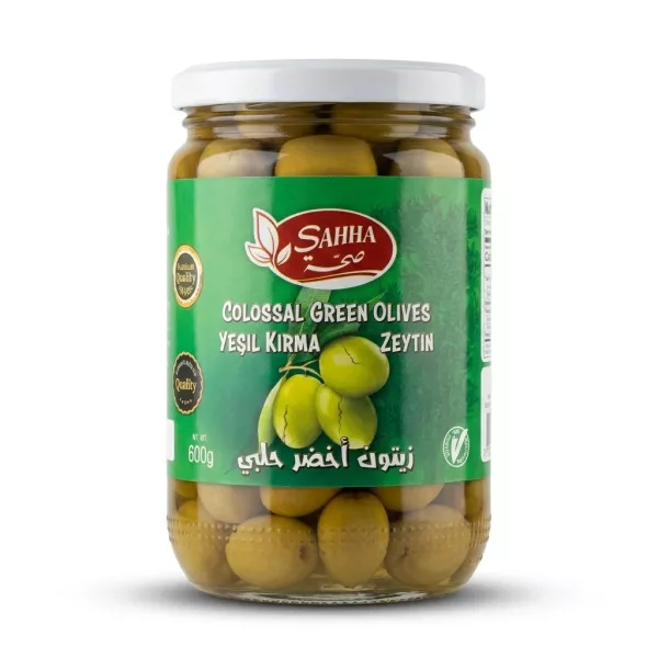 Enhanced Front view of jar of Sahha Colossal Green Olives 600g