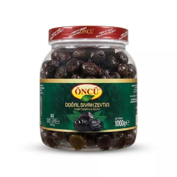 Enhanced Front of Öncü Natural Black Olives XS 1000g jar