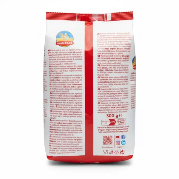 back of pastaZARA fusillini pasta packet with ingredient and storage information