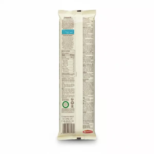 Back view of Rummo Gluten Free Spaghetti No. 3 showing nutrition and ingredients