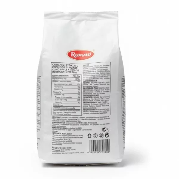 Rummo Conchiglie Rigate pasta pack back nutritional info