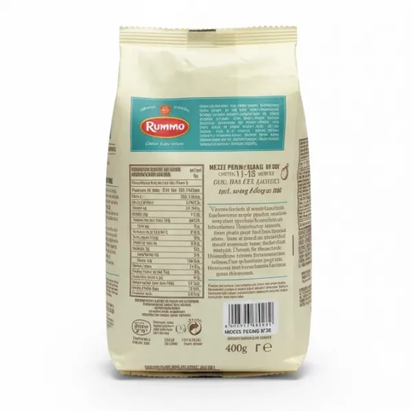 Back of Rummo Mezze Penne Rigate gluten free pasta pack with nutritional info
