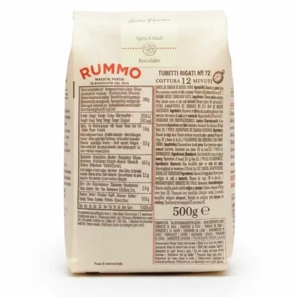 Rummo Tubetti Rigati pasta 500g nutritional information and ingredients