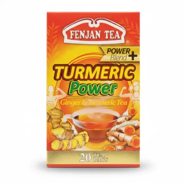 Fenjan Tea Turmeric Power box front view with ginger and turmeric root illustrations