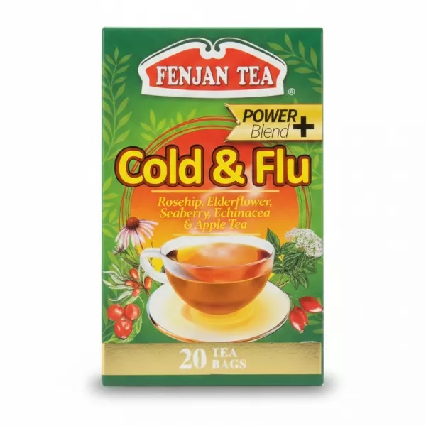 Fenjan Tea box front with Cold & Flu Power Blend label and cup of tea image
