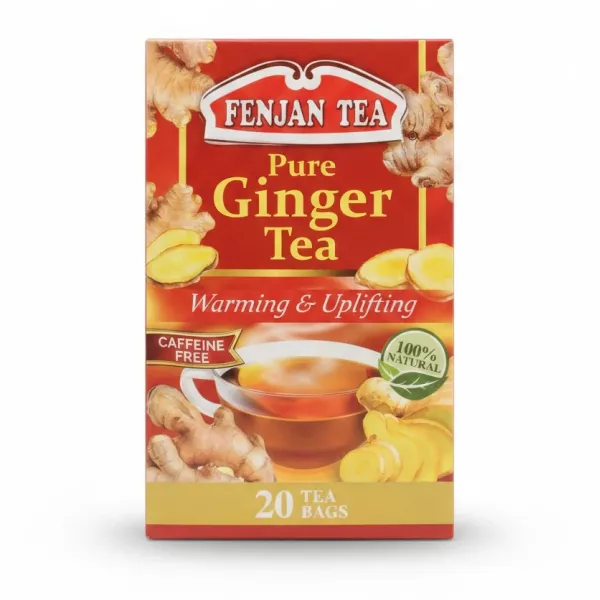 Fenjan Pure Ginger Tea box with tea cup and ginger illustrations