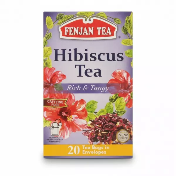Front view of Fenjan Hibiscus Tea box featuring floral artwork and product details