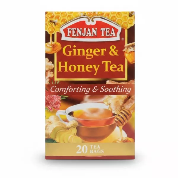 Close-up of Fenjan Tea Ginger & Honey box front view