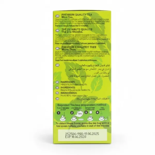Back side of Fenjan Mint Tea box with preparation instructions and ingredients