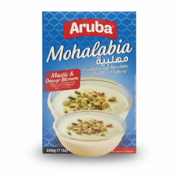 Aruba Mohalabia dessert mix box front with bowl of pudding and pistachios