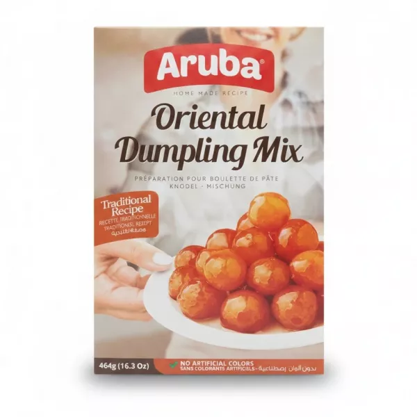Box of Aruba Oriental Dumpling Mix front side with image of cooked dumplings