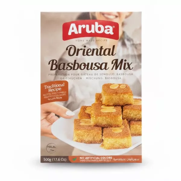 Box of Aruba Oriental Basbousa Mix with image of golden basbousa squares