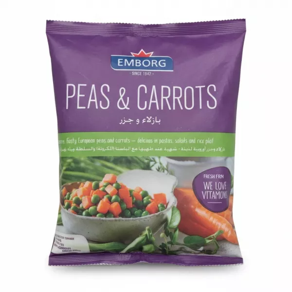 Emborg branded package of frozen peas and carrots mix