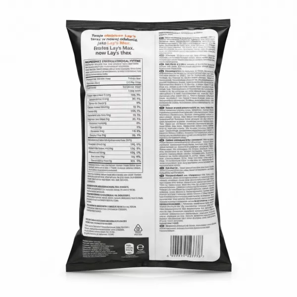 Nutrition facts and product info on Lay's Max Strong bag back