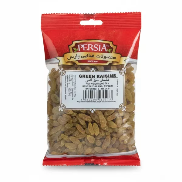 packaged green raisins in red resealable bag front view