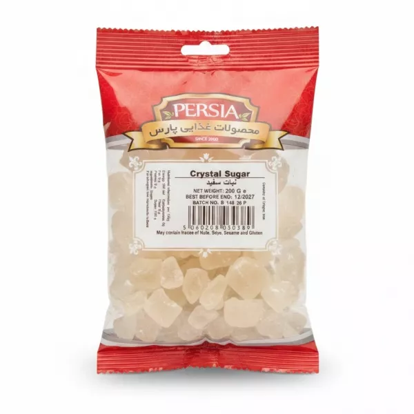 Packet of Persia Crystal Sugar showing crystals inside clear packaging