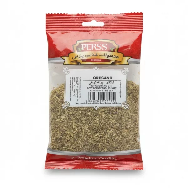 Packet of dried oregano herb with red and clear packaging