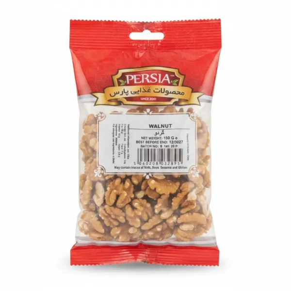 pack of Persia Food walnuts in clear red packaging