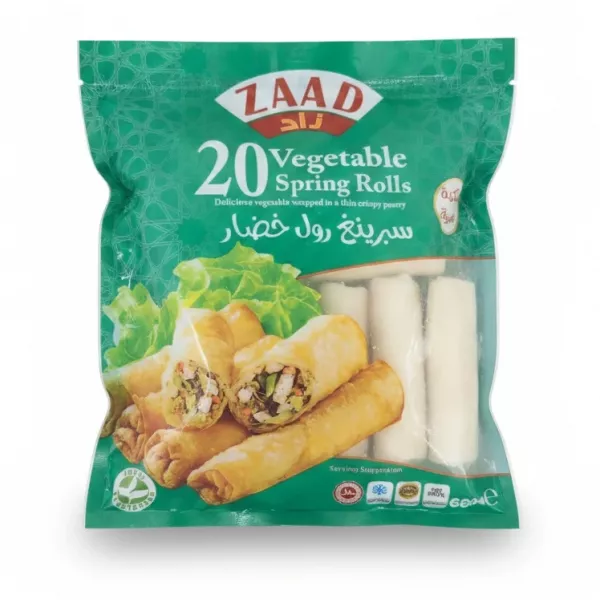 Pack of Zaad vegetable spring rolls with green packaging showing crispy cooked spring rolls