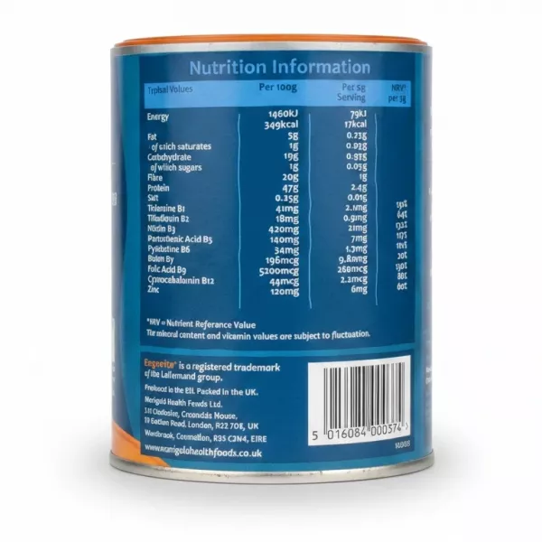 Nutrition facts and barcode on Marigold Engevita yeast flakes container