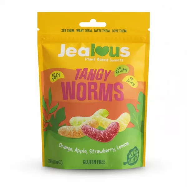 Pack of Jealous brand plant based tangy gummy worms in bright yellow and green resealable bag