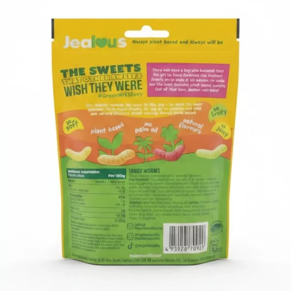 Back of Jealous plant based Tangy Worms pack showing ingredients, allergy advice and product information