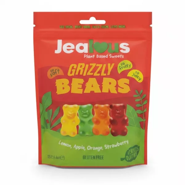 Packet of Jealous Grizzly Bears plant based gummy sweets with lemon, apple, orange, and strawberry flavours