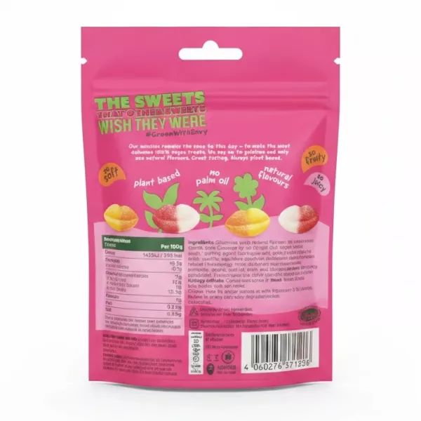 Jealous Fizzy Lips Grapefruit Peach sweets pouch back view with ingredients and nutritional info