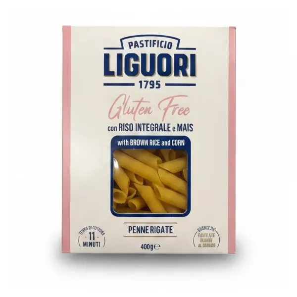 Liguori gluten free penne rigate pasta front packaging with window showing pasta