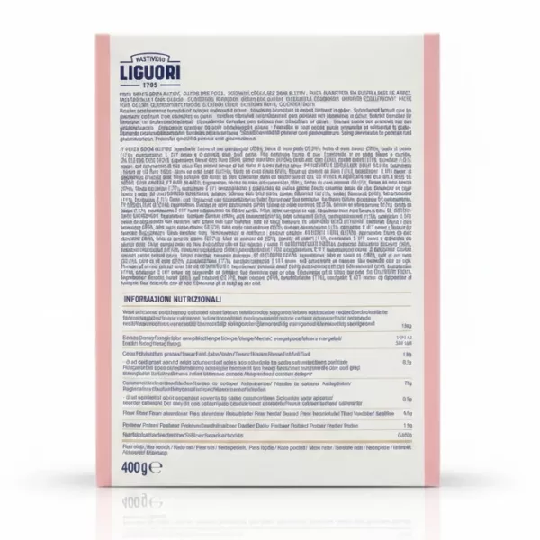 Nutritional information and ingredients list on the back of Liguori gluten free penne rigate