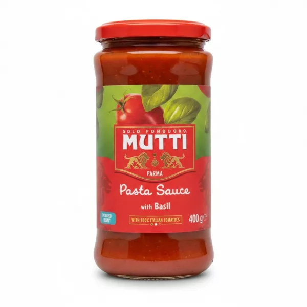 Jar of Mutti Pasta Sauce with Basil showing front label