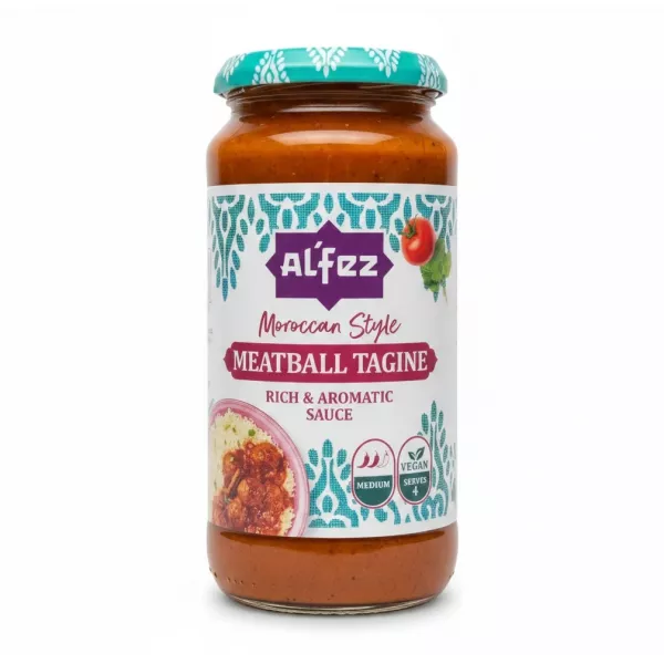 Jar of Al'Fez Moroccan Style Meatball Tagine Sauce with vibrant label