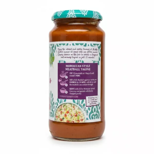Back of jar showing preparation instructions for Moroccan Style Meatball Tagine