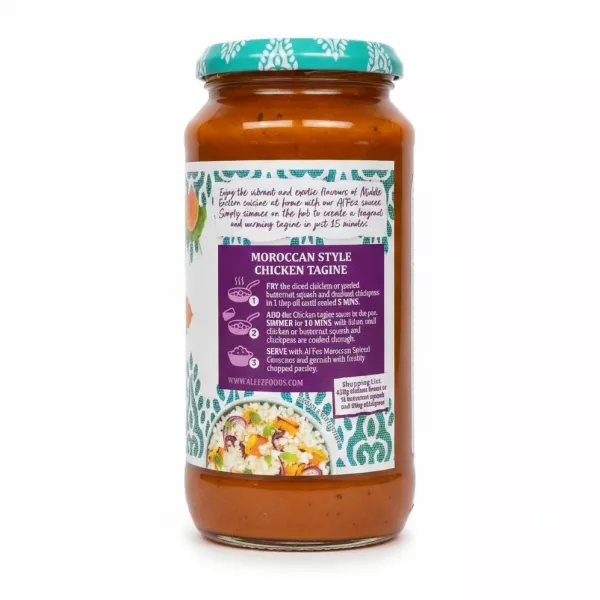 Alfez chicken tagine sauce jar back label with cooking instructions