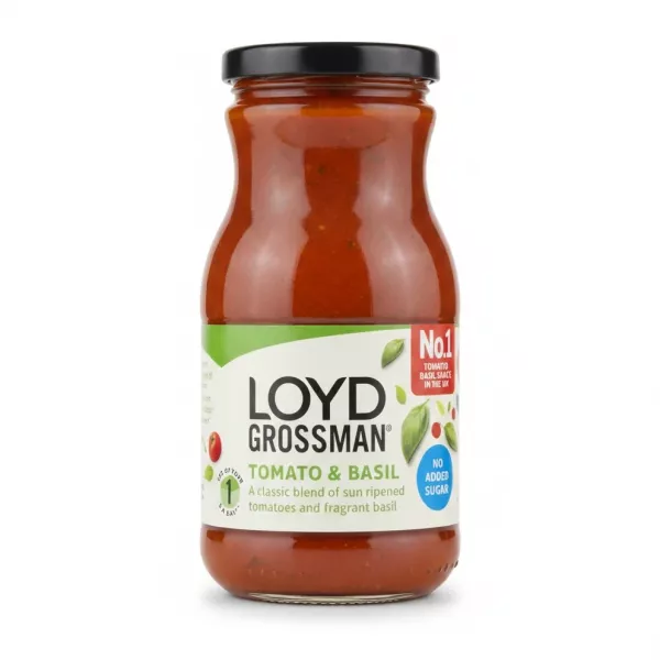Jar of Loyd Grossman Tomato & Basil Sauce front label