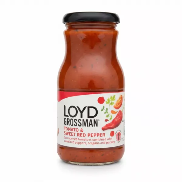 Glass jar of Loyd Grossman Tomato & Sweet Red Pepper Sauce with label showing tomatoes and red pepper