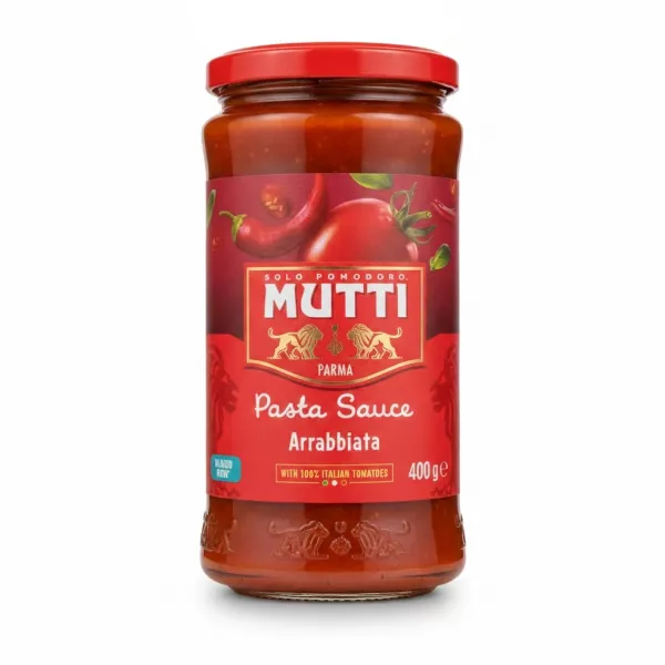 Jar of Mutti Arrabbiata pasta sauce with red lid and red label