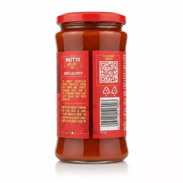 Back view of Mutti Arrabbiata pasta sauce jar showing QR code and product description