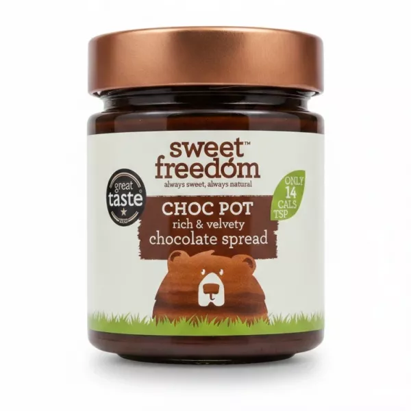 Jar of Sweet Freedom Choc Pot rich and velvety chocolate spread with brown lid and bear illustration