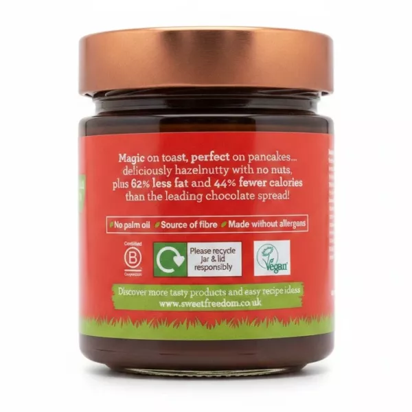 Back of Sweet Freedom Choc Pot jar showing product benefits and recycling logos