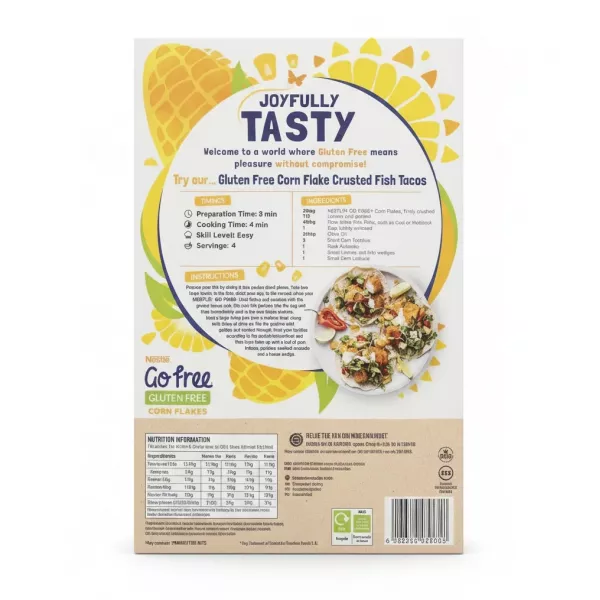 Back of Nestlé Go Free Gluten Free Corn Flakes box with recipe for gluten free corn flake crusted fish tacos and nutritional information