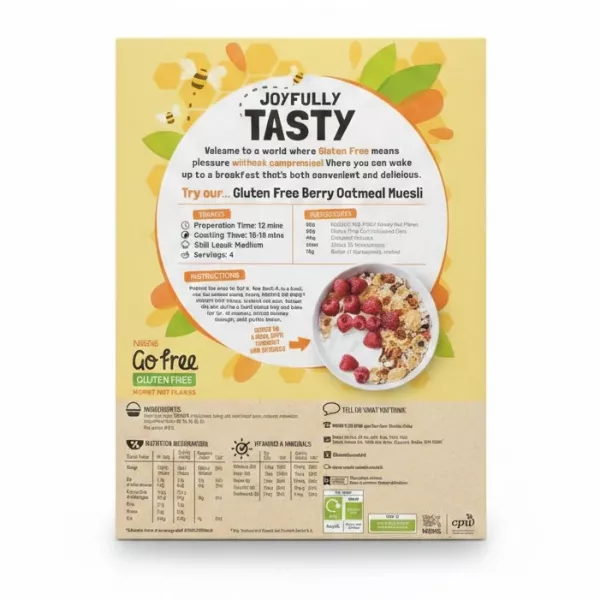 Back of Nestlé Go Free Honey Nut Flakes box showing product details