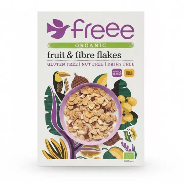 Box of Freee Organic Fruit & Fibre Flakes cereal showing front design with bowl of flakes