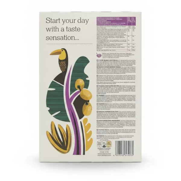 Back of the Freee Fruit & Fibre Flakes box with nutritional information and product description