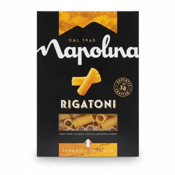 Box of Napolina Rigatoni pasta with black and orange packaging