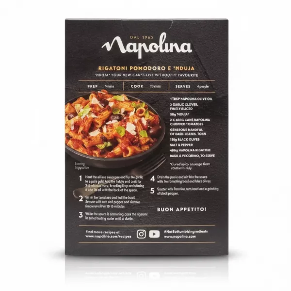 Back of Napolina Rigatoni box showing recipe suggestion and ingredients