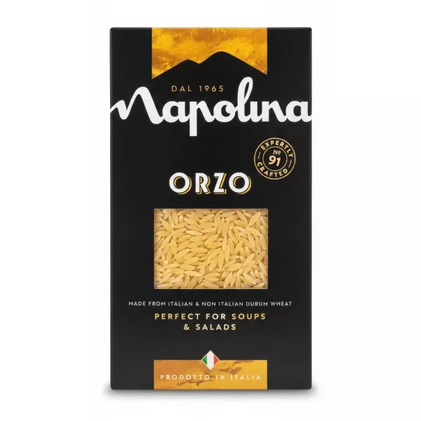 Box of Napolina Orzo pasta showing the unique small rice-shaped pasta.