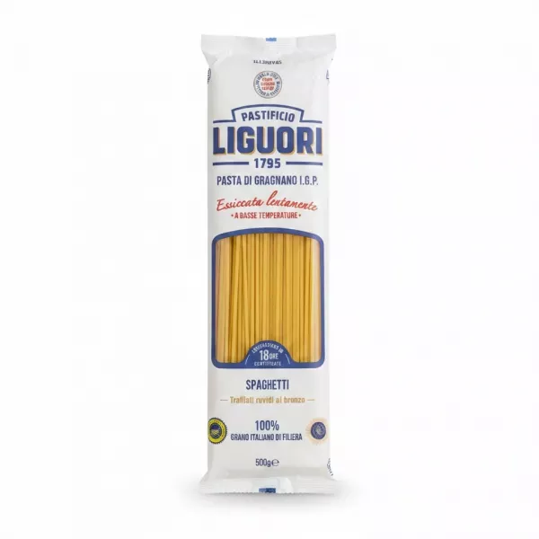 Package of Pastificio Liguori Spaghetti showing front with clear spaghetti strands visible